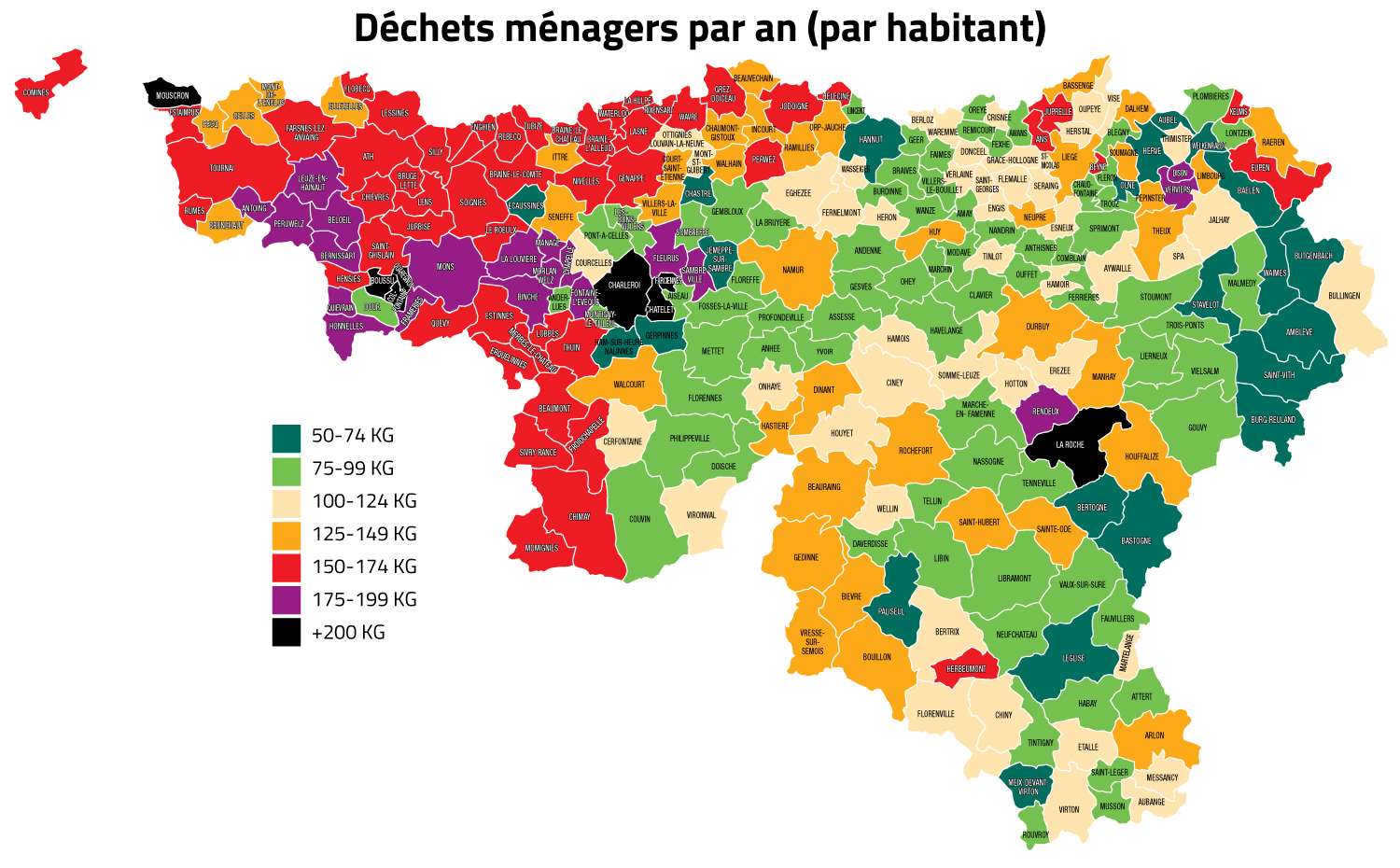 Carte de répartition de la production de déchets pour les communes wallonnes